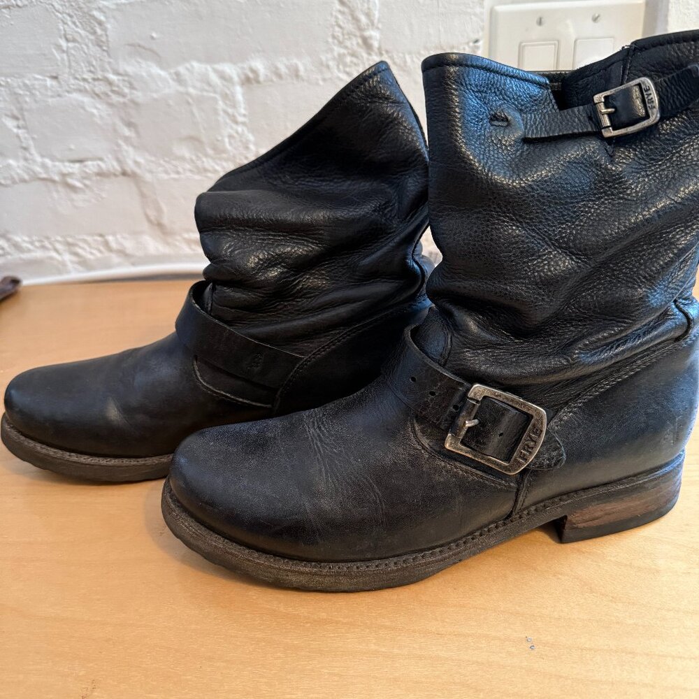 Frye black leather moto boots